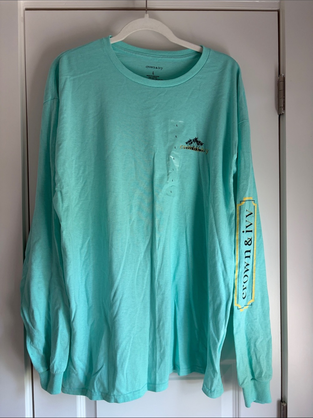 💙 crown & ivy Men's Long-Sleeve Tee in Aqua Teal with Yellow Sleeve Logo